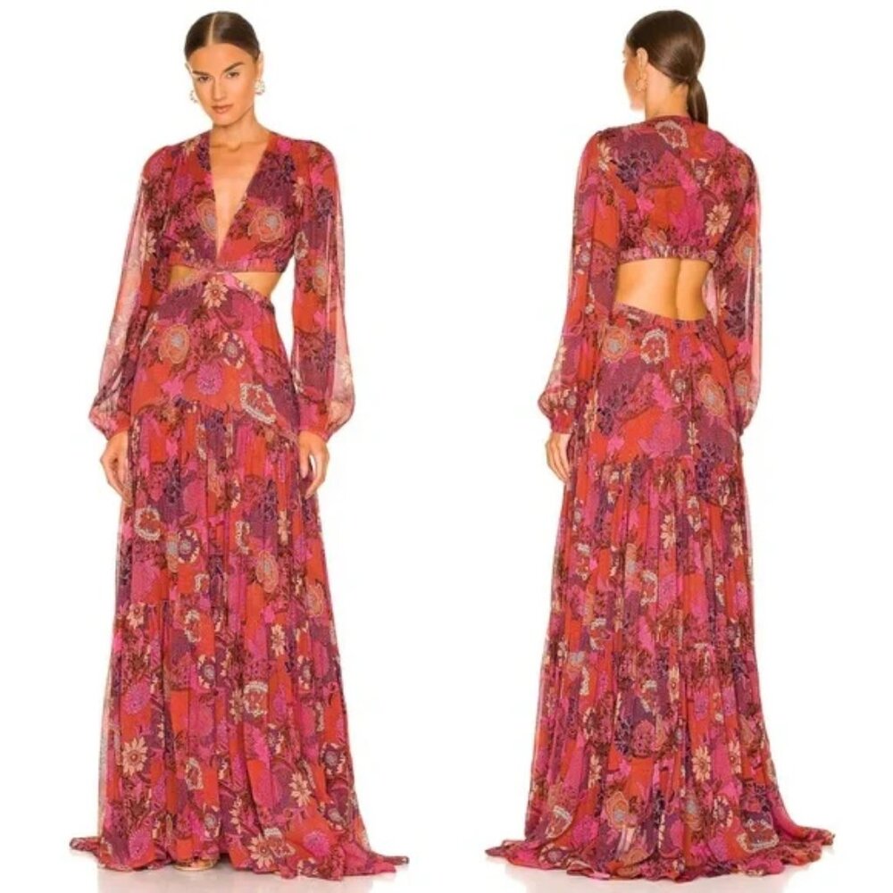 A.L.C. Isabelle Silk Floral Maxi Dress NWT, Long Sleeves, Cutout Midriff Size 12